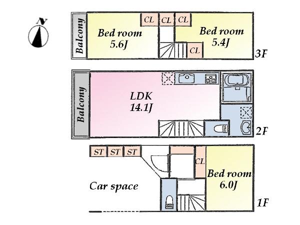 Building plan example (floor plan). Building plan example (C) 3LDK, Land price 38,490,000 yen, Land area 49.32 sq m , Building price 11,310,000 yen, Building area 87.75 sq m