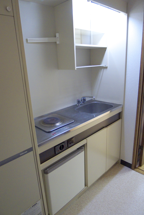 Kitchen. Kitchen with built-in refrigerator. It left the storage-type electric water heater.