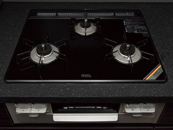 Kitchen.  [Glass top stove with a temperature control function] Installing a sensor for sensing the extinction equipment and rapid temperature rise. Dirt has adopted a glass top that easy to drop.