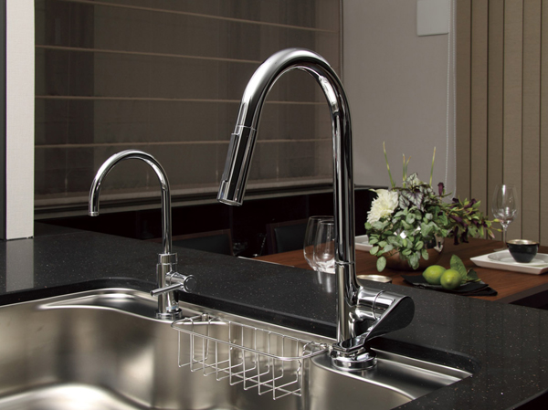 Kitchen.  [Hansgrohe manufactured kitchen faucet] With one hand, easy to operate sophisticated design. It is with a shower head drawer features that water reaches every corner of the sink.