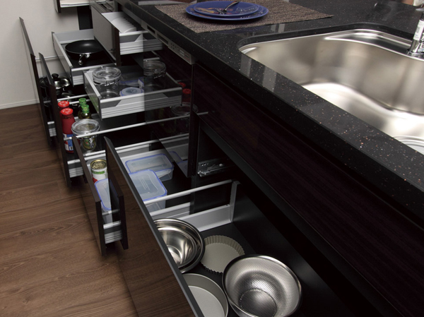 Kitchen.  [Soft-close function with all slide storage] Easy to be taken out of those in the back, Adopted slide housing can be effectively utilized space. It is slowly closing with soft close function.