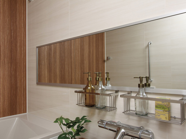 Bathing-wash room.  [Wide mirror] In the bathroom wall, Adopt a landscape of wide mirror to enhance the functionality of the bus time. I was directing the open and spacious bathroom.