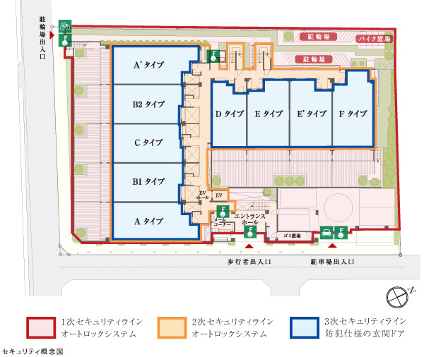 Security.  [Security line] Prevent outsiders from entering, In order to make it difficult to cause a crime and trouble, An auto lock the entrance of the building, Parking is installing a shutter gate. Also, Each dwelling unit entrance such as instal the door of security specifications, We are building the security line of triple.