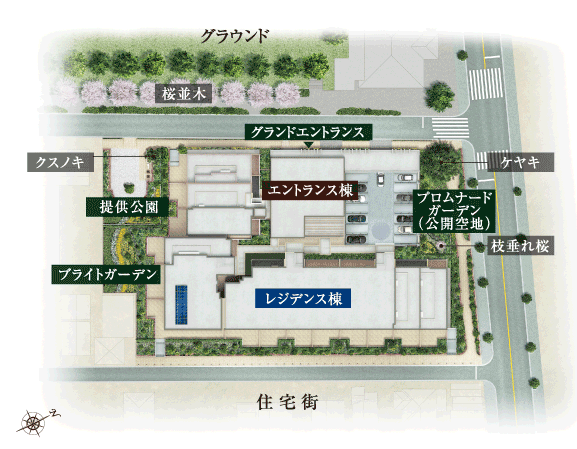 Features of the building.  [Site layout] Subjected to a rich planting so as to increase the sense of unity with the street trees of the city, Two of the garden with a promenade (public open space, Creating a provision park). Also, The zelkova of the existing trees have been rooted in the land, I took advantage to symbol tree. Along with the trees is add a sentiment on the appearance of a new mansion, This living will continue to watch gently from that portrayed here.  ※ Site layout of the web is one that caused draw the site of the property based on the drawings, In fact a slightly different.