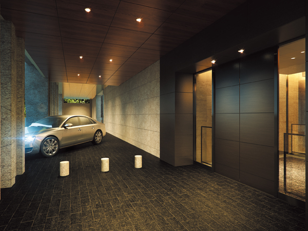 Features of the building.  [Grand Entrance Rendering] Grand entrance, The Fusawashiki style as the "face" of the building responsible for a New landmark of the land. Frontage is about 36m, Imposing Mongamae subjected to the granite of the white system, It increases the expectations for quality time to spend in this mansion. And, With porte-cochere is to produce a space of magnificent Yingbin, It served with room to the car of getting on and off at the time of rainy weather.