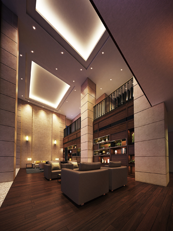 Features of the building.  [Library lounge Rendering] Promoting walking from Grand Entrance, And go down the stairs, which was nestled a heavy handrail, Library lounge filled with calm has spread. During the day, it takes in the natural light from the glass wall of the two-layer, Produce a magnificent space at night indirect lighting. It is a pleasant space to change the expression by that time.