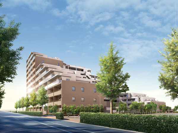 Features of the building.  [appearance] The appearance of the color is in harmony with the green of the planting and roadside trees that decorate the building, A beautiful shine brown color was the keynote. Stratum of living going stacked in this place is also a color in the image of. Appearance design to accent the vertical line, While it is simple and light, We aim to form with a strong presence. (Rendering)