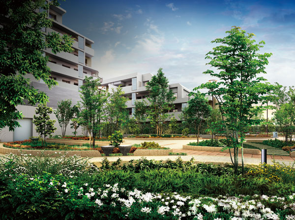 Features of the building.  [Center Garden] Together with such as the provision park, In the space surrounded by buildings total about 1000 sq m ( ※ Center Garden to create a moisture rich space of). A large number of trees were placed while achieving harmony with the green of the surrounding, The remnants of Musashino was reproduced in this land. Also provided, such as trail, Designed to be a community of place while touching on the moisture of the four seasons. In the entire scale and green scenery, Bring create a mansion with a style of as a landmark. (Rendering) ※ Providing park, Public open space, In the total area of ​​the sidewalk-like open space will be about 1077.45 sq m.  ※ It may be subject to change in what the planning stage.