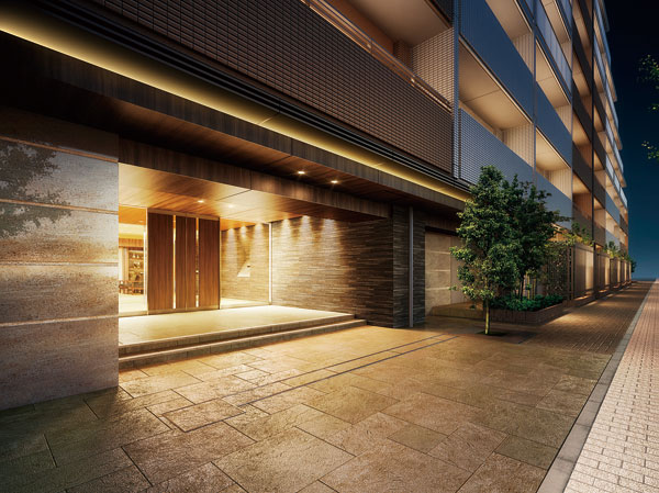 Features of the building.  [entrance] Together with the presence that stand out by the scale of all 128 House, It is a residence that nurture the beautiful street scenery in harmony with the cityscape. Also stuck at night lights up, Appearance with an increased sense of unity with the town, And directing the entrance. (Rendering)