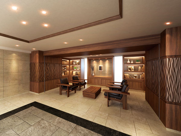 Features of the building.  [Lounge] If Susumere a walk in the mansion, Spread the entrance hall and serene lounge. There are artists of the object is decorated, Place of always gently greeted us warmth. It is possible to touch the art in the lives of everyday, Full of richness. And, In this space in which natural stone nestled wall and Sulfur butterfly of was beautiful harmony, Heart will continue switched to gently into the world of peace. (Rendering)