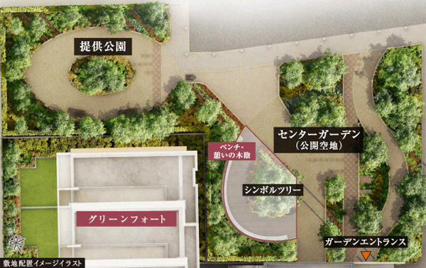 Features of the building.  [Symbol of the house to bring the green of moisture] The apartment of the symbol tree the image of a "shade of rest.", It was selected the Fraxinus griffithii is the evergreen of bright leaf color. Also, The shade of a tree to create a symbol tree named "shade of rest.", By placing the bench, We have prepared a healing space leisurely enjoy the shade of a tree.