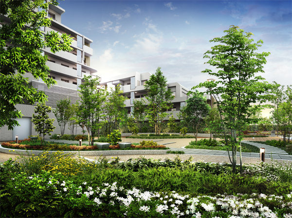 Other. Center Garden Rendering  ※ Rendering of the web is one that caused draw based on the drawings, In fact a slightly different. Secondary road ・ Building, etc., we have simplified. Planting and it has not been drawn on the assumption the situation at the time of a particular season or your tenants. Also, Guttering, Air conditioner outdoor unit, Water heater, Because there is equipment, etc. that have not been reproduced TV antenna or the like, Please note