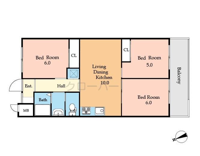 Floor plan. 3LDK, Price 19,800,000 yen, Occupied area 58.83 sq m , Balcony area 7.5 sq m