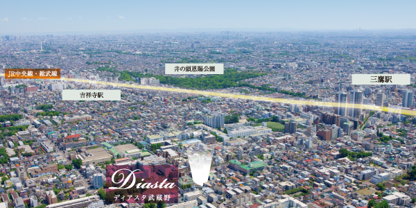 Surrounding environment. Sunny day, You can enjoy the natural workings of the four seasons to the "Central Park Musashino". Clean air, Green space where birds and butterflies flutter. The cobbled streets to draw a gentle curve, Vivid green, Spacious space to satisfy the relaxation. (In fact it is subjected to some CG processed into empty May 2012 shooting Taking a slightly different)