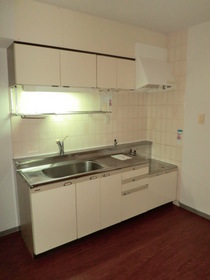 Kitchen. A gas stove with a kitchen storage generous amount of 2-neck