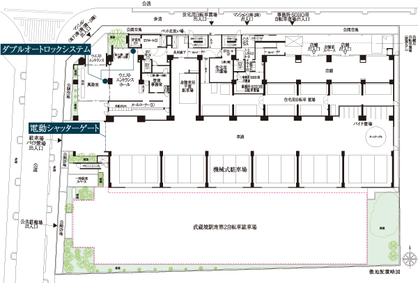 Buildings and facilities. From the eyes of consumers, Aimed at the creation of high-living easier safety house "City Terrace Musashisakai". Well as the distribution building plan, Security, etc., It seeks a commitment. In and out of the West entrance, It adopted a double auto-lock system, It gives due consideration to the safety. Parking Lot ・ Installing an electric shutter gate to the entrance of the bike yard. Suppress the suspicious person of intrusion. (Site layout conceptual diagram)