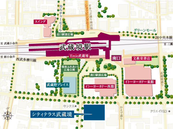 Surrounding environment. JR Chuo Line ・ Seibu Tamagawa "Musashisakai" a 2-minute walk from the station. While a position close to the train station, It is born in a peaceful living environment along the cherry trees "City Terrace Musashisakai". Fresh food ・ Including household goods, Uniqlo ・ Muji, etc., Popular shop is aligned "Ito-Yokado", A variety of shops are concentrated, such as Seijo Ishii and restaurants "Emio Musashisakai" such as convenience facilities enhancement. (Around the station conceptual diagram)