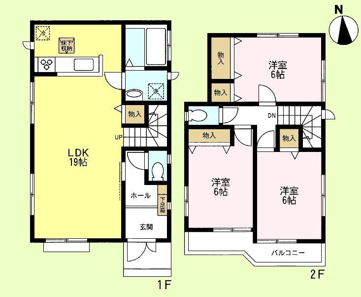 Floor plan. (Building 2), Price 47,800,000 yen, 3LDK, Land area 101.42 sq m , Building area 88.19 sq m