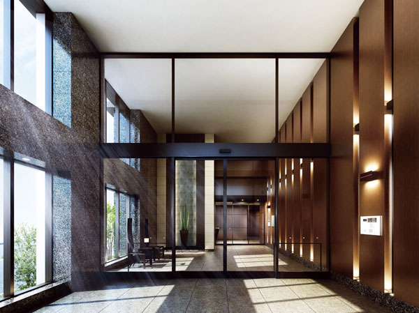 Shared facilities.  [Entrance hall] Open entrance hall of the two-tier atrium sunlight enters the, Effectively lay out a wall of granite and wood grain with a texture. Also designed as a space to feel calm in the sharp atmosphere. We welcome those who live the space of stylish Yingbin Sumptuously. (Rendering)
