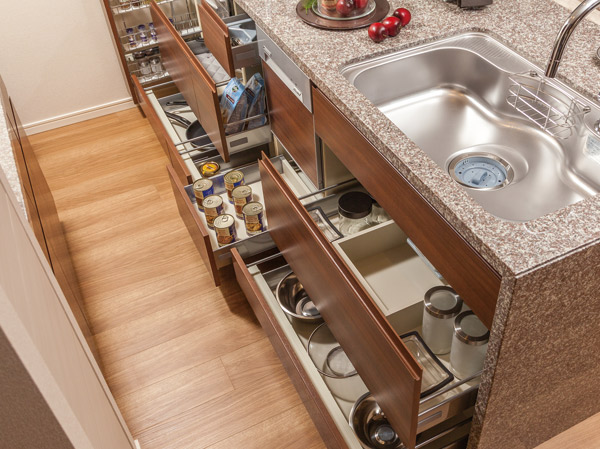 Kitchen.  [Sliding cabinet ・ With soft-close] Even taking out easy design of sliding cabinet thing back. So slowly and quietly drawer is closed, It helps finger scissors prevention.