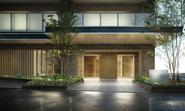 Shared facilities.  [Entrance Rendering] The base color of beige accompanied by a straight line of dark brown as an accent, Form that emphasizes the low-rise sense of stout calm. Carefully selected a commitment of materials such as custom-made tiles and natural stone with a texture, I expressed the feeling of luxury and pomp.