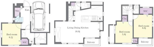 Floor plan. 58,800,000 yen, 3LDK, Land area 64.19 sq m , Building area 103.24 sq m 3LDK + garage, Walk-in closet, Shoes-in closet