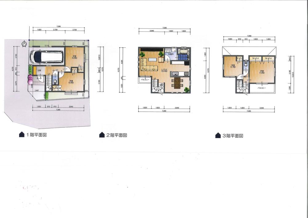 Building plan example (floor plan). Building price 17,430,000 yen, Building area First floor 29.81 sq m Second floor 42.23 sq m 3 floor 28.36 sq m Total floor area of 100.40 sq m