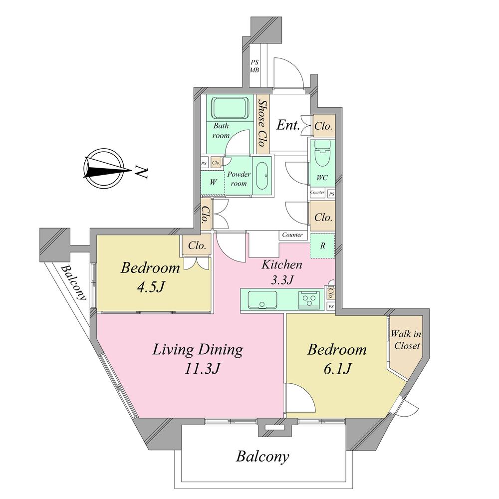Floor plan. 2LDK, Price 56 million yen, Footprint 60.8 sq m , Per balcony area 8.78 sq m southeast, Good per sun.
