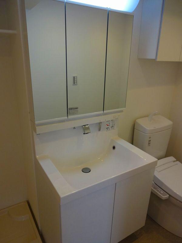 Wash basin, toilet. Bathroom vanity