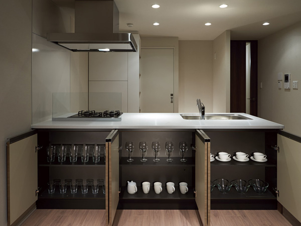 Kitchen.  [Original storage system "ARECS"] "ARECS (Asahikasei Refind Closet System)" is, Storage systems that take advantage of the "raw voice" was obtained in your tenants home survey. The keywords "package and can be seen" "quick and hide" "slip and taking out", On the back of the system kitchen, It was provided easily Maeru storage space to tend to those placed on the counter and on the floor.
