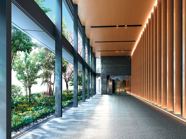 Shared facilities.  [Approach the space with nature ・ Corridor of wind and light] The lead you to the abode, It is the wind and the light of the corridor of the two-layer Fukinuki. here, As inside and outside of the intermediate region, Provided with a large opening-to-ceiling, Produce a rich sense of openness that is in contact with the sky and the lush greenery of the south. The interior is, Black slate and (natural stone material) by a combination of wooden louvers, Also to produce a space that warmth drifts in the sense of tension. Wrapped in beauty strike nature and architecture, It will generally return to full of repose I area. A moment of such joy, It's here. (Rendering)