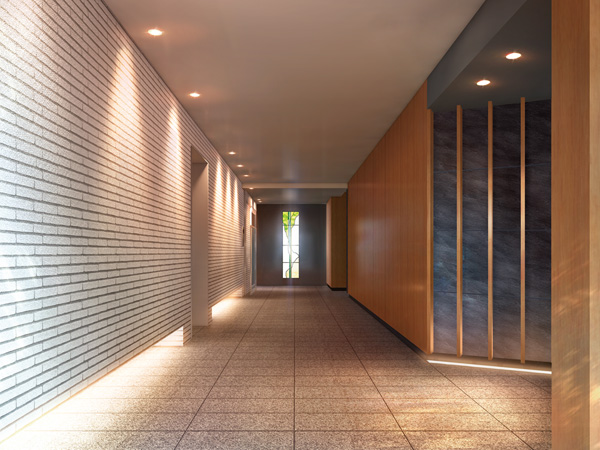 Shared facilities.  [Serene Naru gallery air flows corridor] What richness of encapsulating, Testament to narrate the qualities of the mansion. The corridor of the previous sunny wind and light, Gallery corridor leading to the private residence has followed. Rustic flavor of the border tile and finished wall with wood sheet, Indirect lighting to illuminate the feet, The stained glass of geometric design to decorate the walls of the front, Along with the quiet afterglow, And escort to the profound of residence. (Rendering)