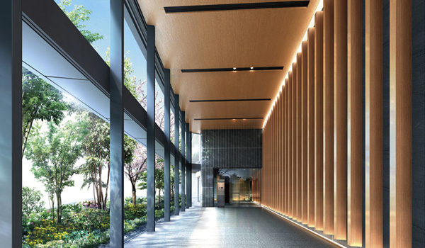 Buildings and facilities. In contact with the lush greenery, Approach space of sunny two-layer blow-by from the south. (Corridor Rendering of the wind and the light)