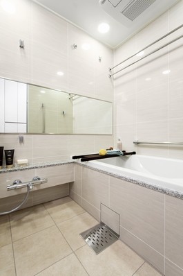 Bathroom of natural stone counter, Such as 400 square tile will foster an elegant relaxation space. I want to firmly heal fatigue of the day with a standard equipped mist sauna