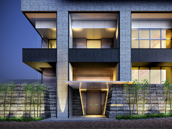 Features of the building.  [Entrance Rendering CG] Station, From the bustling streets facing the Yamate Street, To draw the line, Entrance approach was a little Okumara. 3 meters was protected also natural stone wall the entrance , The barrier line to greet the people who live to the quiet private space. It will spread a large space with a ceiling height of nine meters ahead you exit the door. Walls and fireplace which has been subjected to metal plastering to produce a beauty, such as the Art, Also commitment to materials such as natural stone, It has become one of the leisurely calm space creation of gimmick.