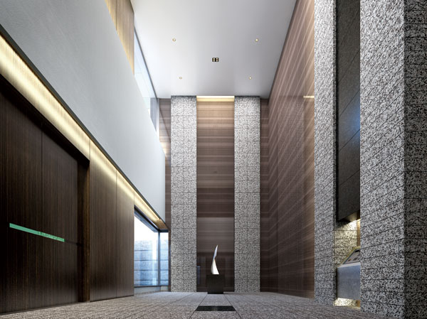 Features of the building.  [Windbreak room Rendering CG] Entrance approach, Two-tier atrium to bring the overwhelming spread. Freed from the hustle and bustle of the city, It exudes the atmosphere can feel that it has come back to the "space of life" wrapped themselves only to tranquility. Image monument of passing into the sky in the windbreak room, In the entrance hall, Beautiful metal plasterer. And a fireplace in the depths of flickering flames gracefully choreographed space. Good Without every single material, It seeks to create atmosphere calm truly.