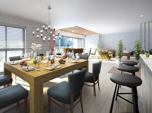 Shared facilities.  [Party, enjoying views that can also be lounge] Sky lounge installation where you can enjoy views of the city center. Also it has become a space available as a party room. (Sky Lounge Rendering)