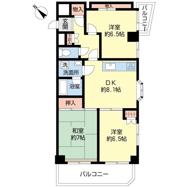 Floor plan. 3DK, Price 43,800,000 yen, Occupied area 61.32 sq m , Balcony area 9.11 sq m Floor