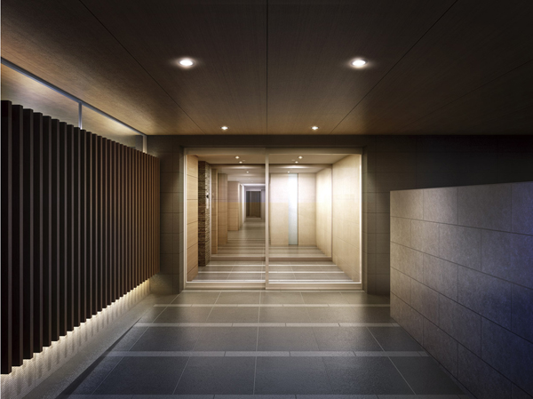 Buildings and facilities. Entrance is, Creating a high-quality appearance that will switch to turn off the feeling from on. Ashirai Sulfur butterfly louver is to approach, It leads gracefully into the building for visitors in the production of switching to the wall surface of the wood tone. There is a continuity of design, Let foresee the sophistication of the house to wait ahead. (Entrance Rendering)