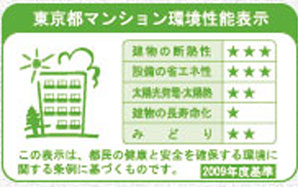 Building structure.  [Tokyo apartment environmental performance display] Large-scale new construction ・ By providing information about the environmental performance of the extension such as the apartment towards the purchase plan, Mansion expansion of choices that are friendly to environment ・ Improvement of evaluation in the market ・ It is a system to encourage the efforts of the owner of the voluntary environmental considerations. "Thermal insulation of buildings.", "Equipment of energy conservation.", "Solar power ・ Solar thermal ", "The life of the building.", About five items of "green", Evaluated by an asterisk (), Displays on the label.  ※ For more information see "Housing term large Dictionary"
