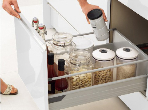 Kitchen.  [Bull motion with kitchen slide storage] Adopted also taken out easily slide housed thing back. Also pulled out easier heavy pots and large tableware. By the pull-motion mechanism, Gently pulling it slowly when closing.