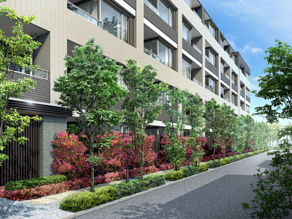 Shared facilities.  [Promenade space] By set back from the road, Together to ensure the space of rest, It brings a rich sunshine and moderate privacy in south dwelling unit. (Promenade Rendering)