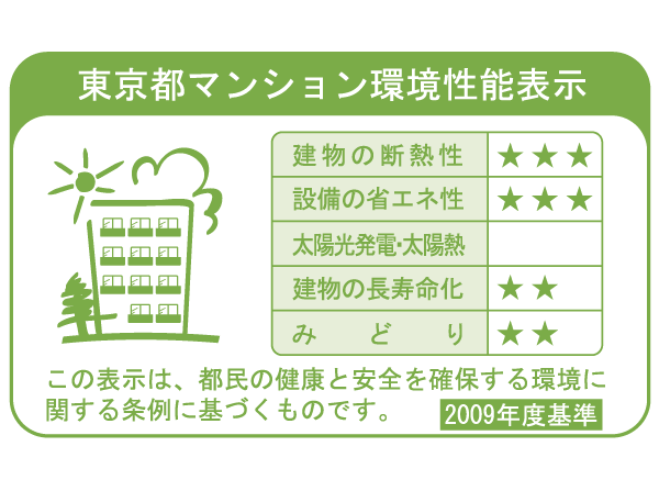 Building structure.  [Tokyo apartment environmental performance display] Based on the efforts of the building environment plan that building owners will be submitted to the Tokyo Metropolitan Government, 5 will be evaluated in three stages for items.  ※ For more information see "Housing term large Dictionary".
