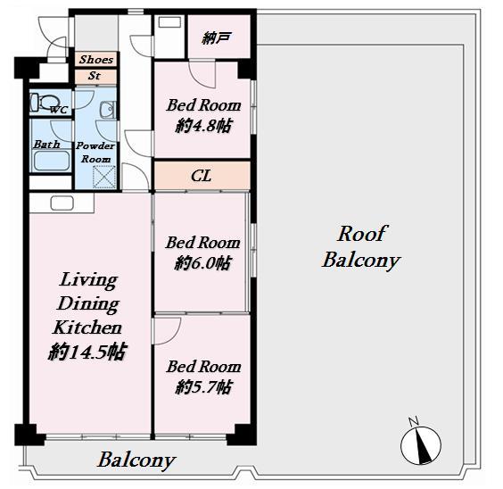 Floor plan. 3LDK, Price 47 million yen, Occupied area 80.38 sq m , Balcony area 15.96 sq m southeast corner room, Good per sun.