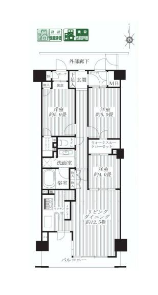 Floor plan. 3LDK, Price 52,800,000 yen, Occupied area 75.62 sq m , Balcony area 9.3 sq m