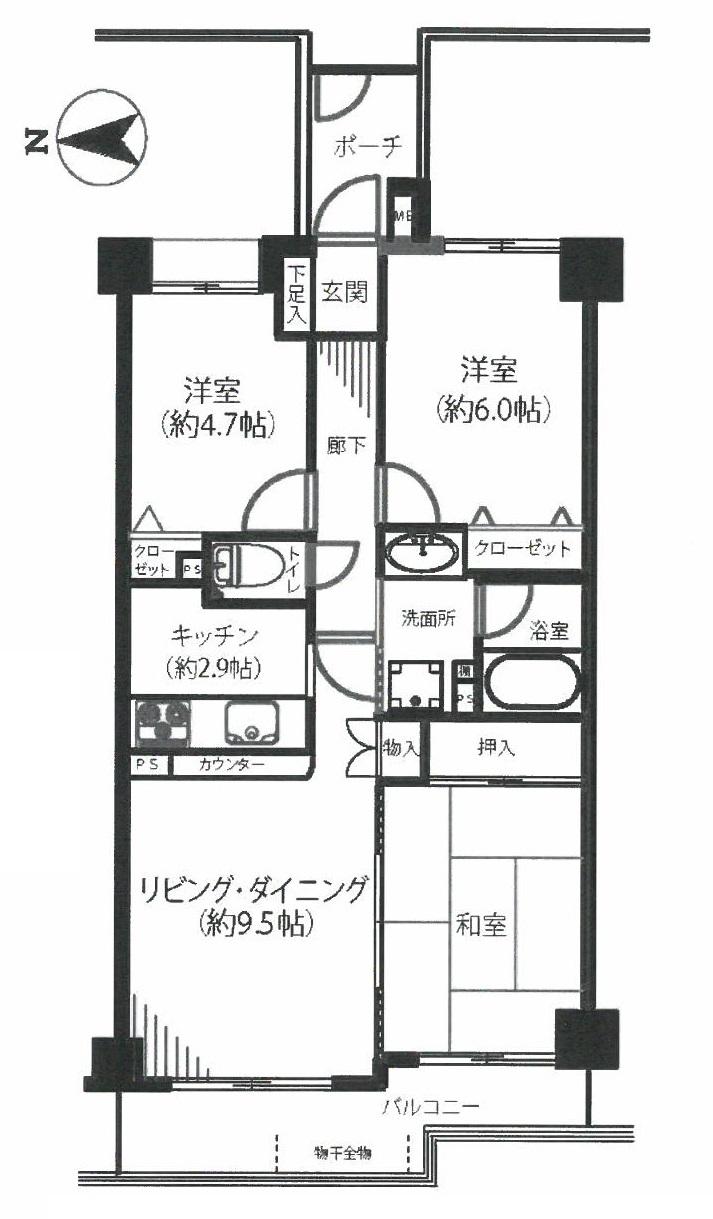 Floor plan. 3LDK, Price 36,800,000 yen, Occupied area 62.97 sq m , Balcony area 6.78 sq m