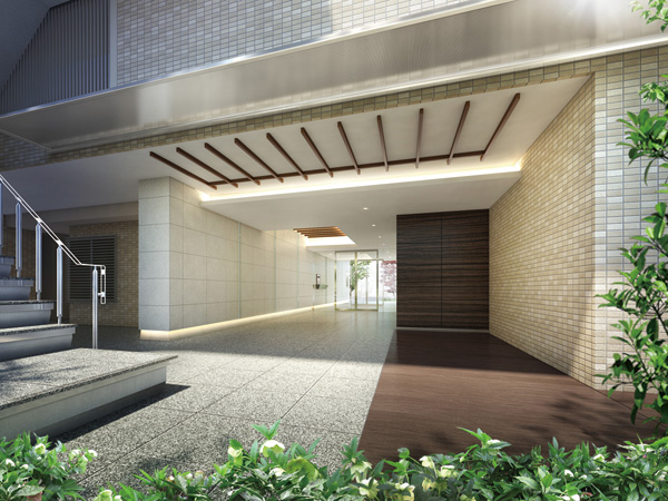 Features of the building.  [Entrance hall] Open-minded semi-outdoor entrance hall reminiscent of the museum. With portray space keynote and tile the ivory has been refined, Ceiling and floor, It will produce a space where there is warmth is nestled in the tree control that has been subjected to the wall. Also, Stairs and planting, Subjected to a variety of tricks, such as ice top wall around, People who live was remembering the depth to deepen the peace. (Rendering CG)