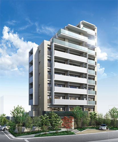 Buildings and facilities. Along with the draw a sophisticated atmosphere the white and ivory in the tiles with keynote, In harmony with the green of the sky in the open feeling and feet, It was aimed at relaxed and airy design. (Exterior CG)