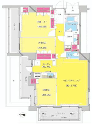 Floor plan. 3LDK, Price 42,800,000 yen, Occupied area 74.08 sq m , Balcony area 21.08 sq m