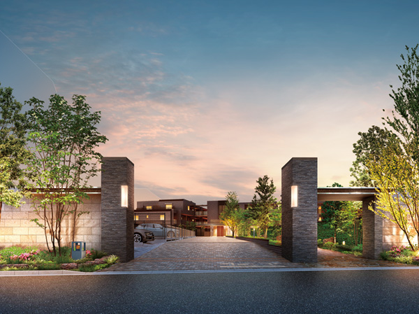 Features of the building.  [Grand gate Rendering CG] Taking advantage of the vast site, Ensure the approach from the gate to the entrance. Invite to my area, Meet the people who ground gate is live. ( ※ 1) ※ 1 post of Rendering CG intended that caused draw based on the drawings of all the planning stage, In fact a slightly different. Guttering, Air conditioner outdoor unit, Water heater, There is equipment, etc. that have not been reproduced TV antenna or the like. Around the building, etc., we have simplified. Planting and it has not been drawn on the assumption the situation at the time of a particular season or your tenants.